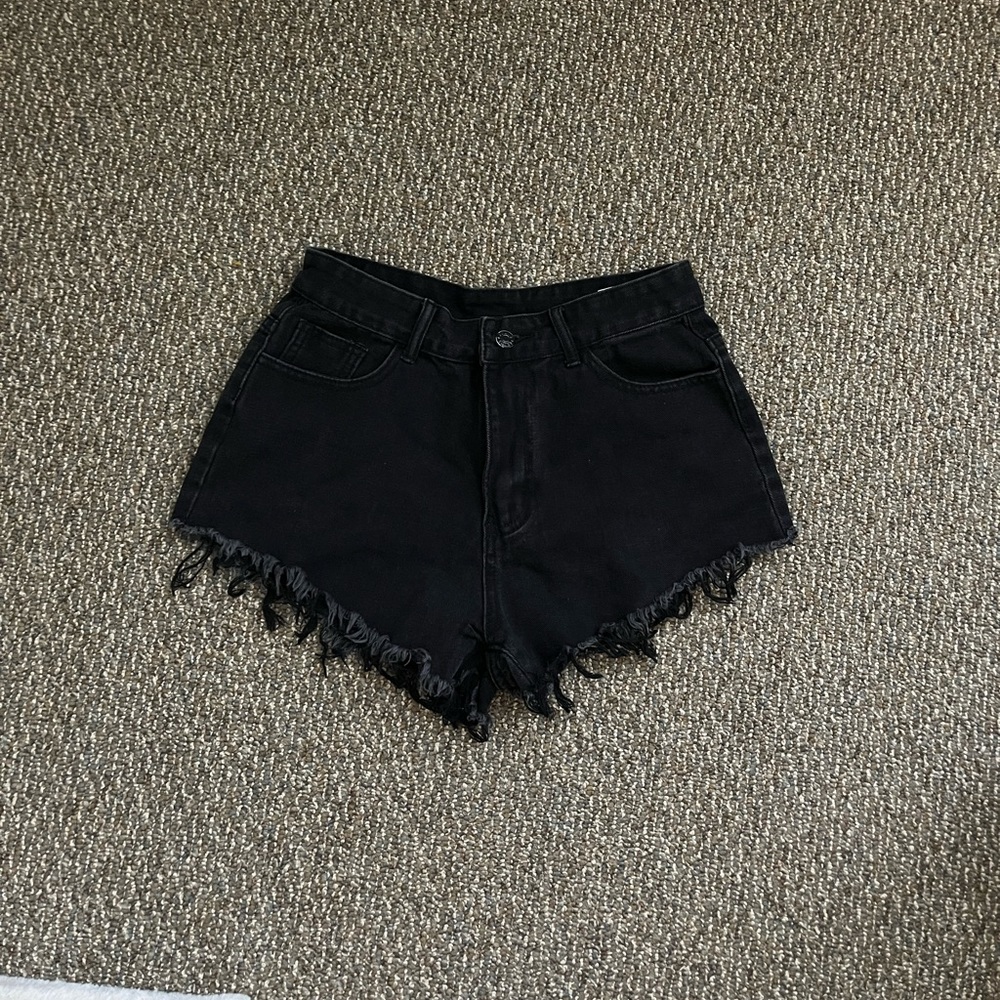 Flame Embroidered Black Denim Jean Shorts